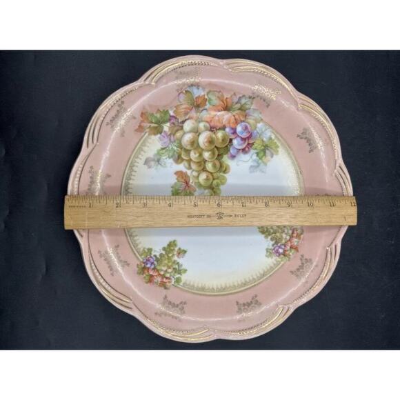 Antique German Porcelain Bowl Grapes Gold Trim Pink Rim Scalloped 12" - Picture 10 of 11